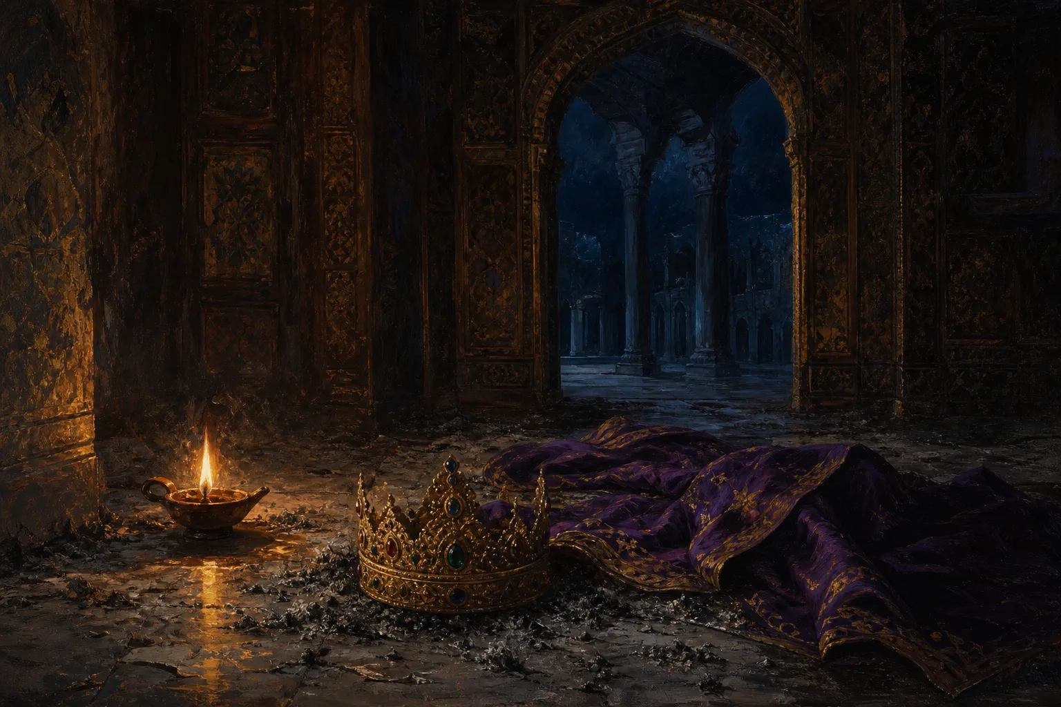 Additions to Esther: a queen in mourning kneels in prayer beside her set-aside crown and royal robes in a dim palace chamber.