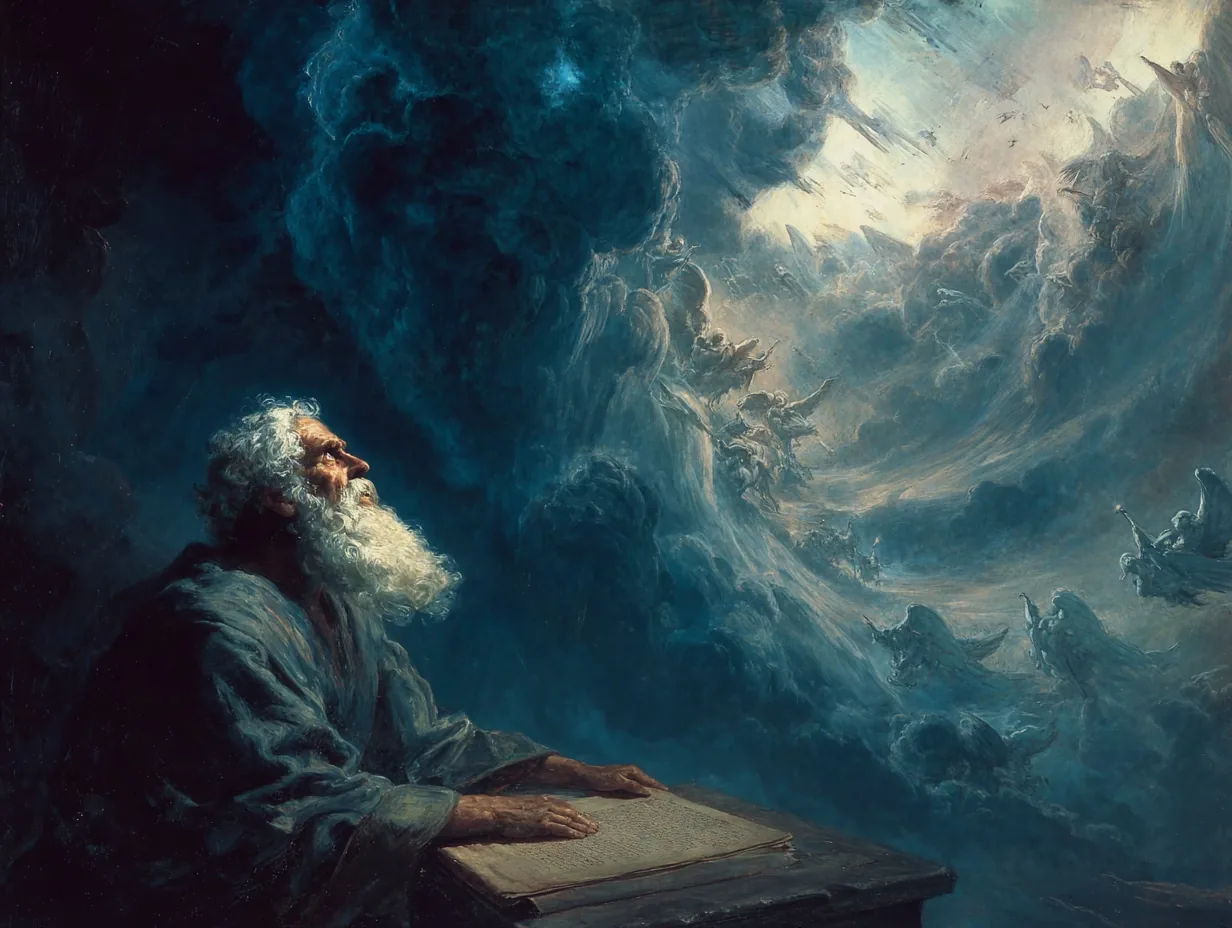 Archangel Uriel shows Enoch the heavens: an old man at a desk looks up at winged figures in storm clouds.
