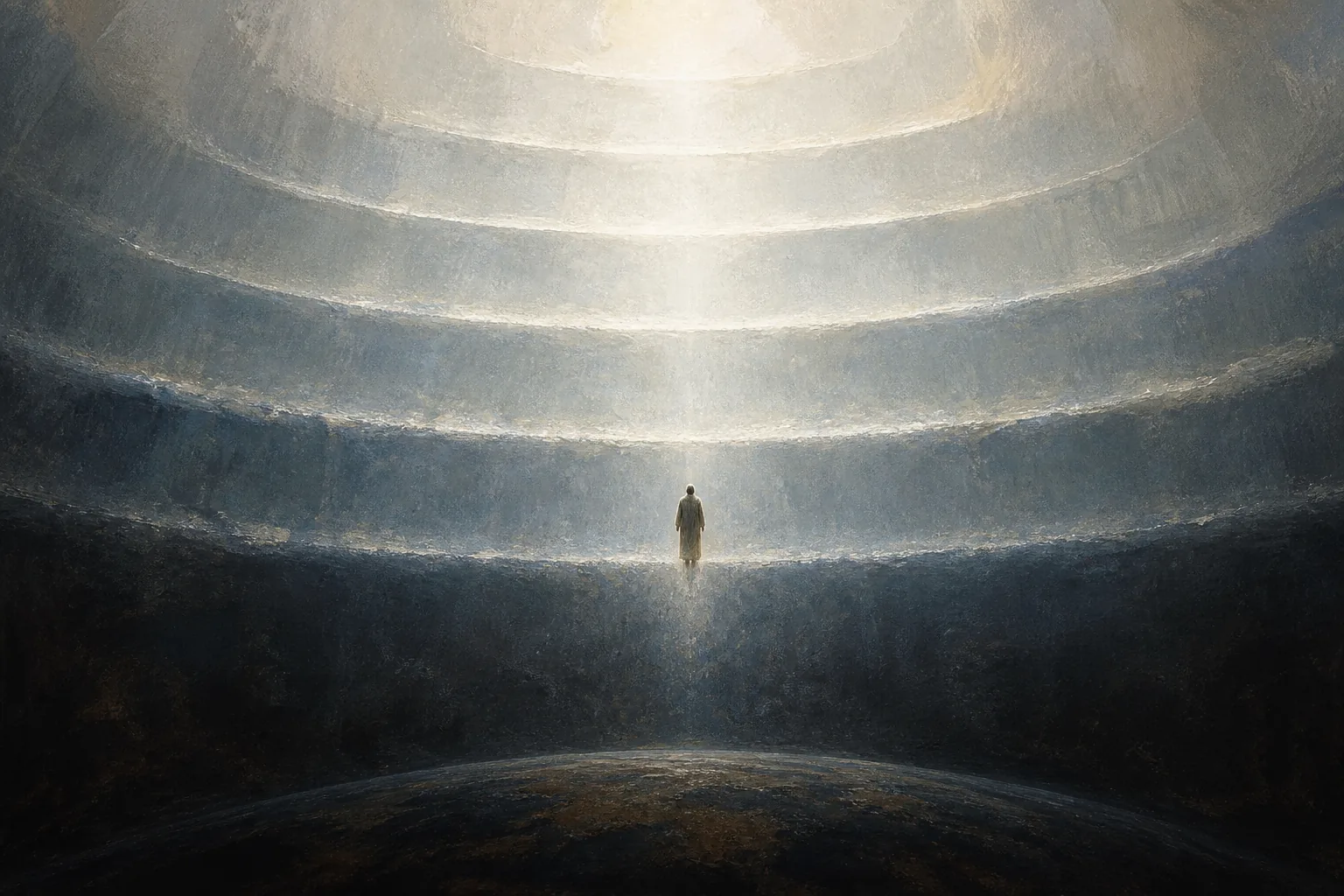 A figure rising through seven widening bands of light in the Ascension of Isaiah.