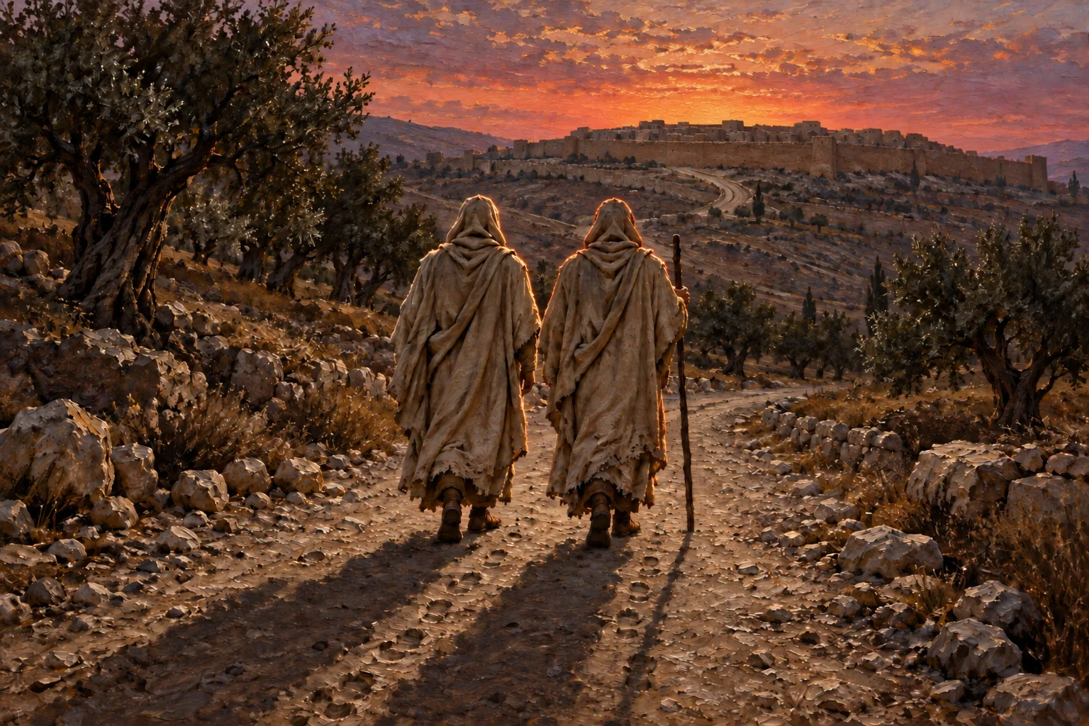 Two hooded travelers walking side by side at dawn toward a walled city, evoking Didymos Judas Thomas, the twin.