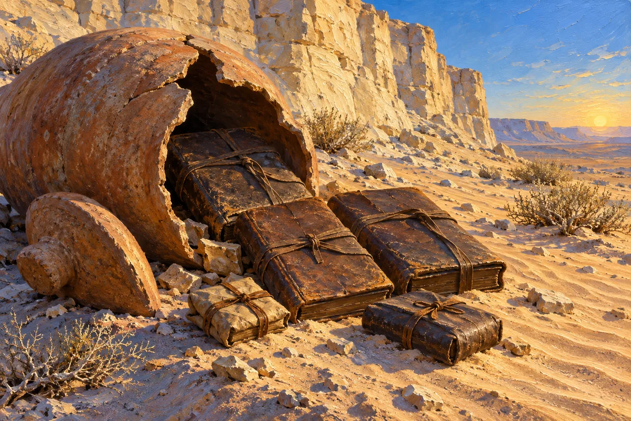 A broken clay jar at the foot of a desert cliff, leather codices spilling out: Gospel of Truth summary
