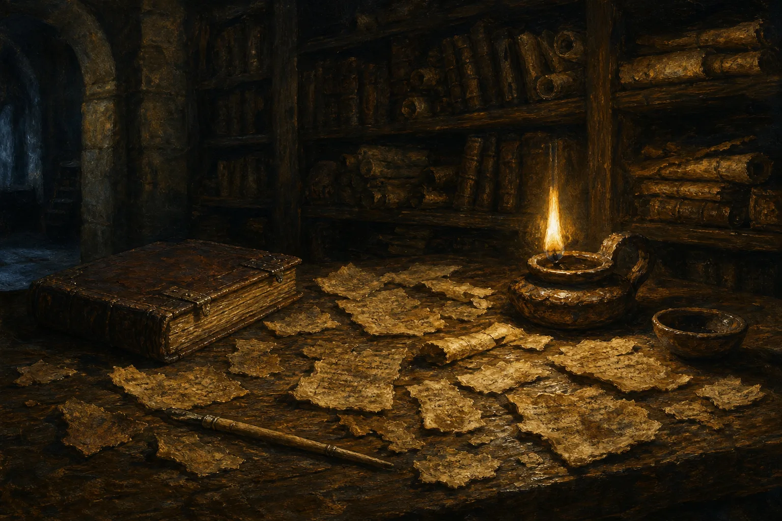 Gospel of the Hebrews: a lamp lights scattered parchment scraps on a scholar's table in a dark stone library.