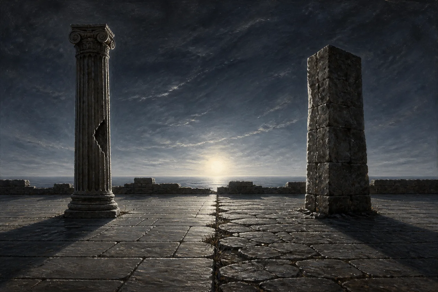 Hellenistic philosophy beside Jewish scripture: a fluted Greek column and a plain squared pillar on joined paving.
