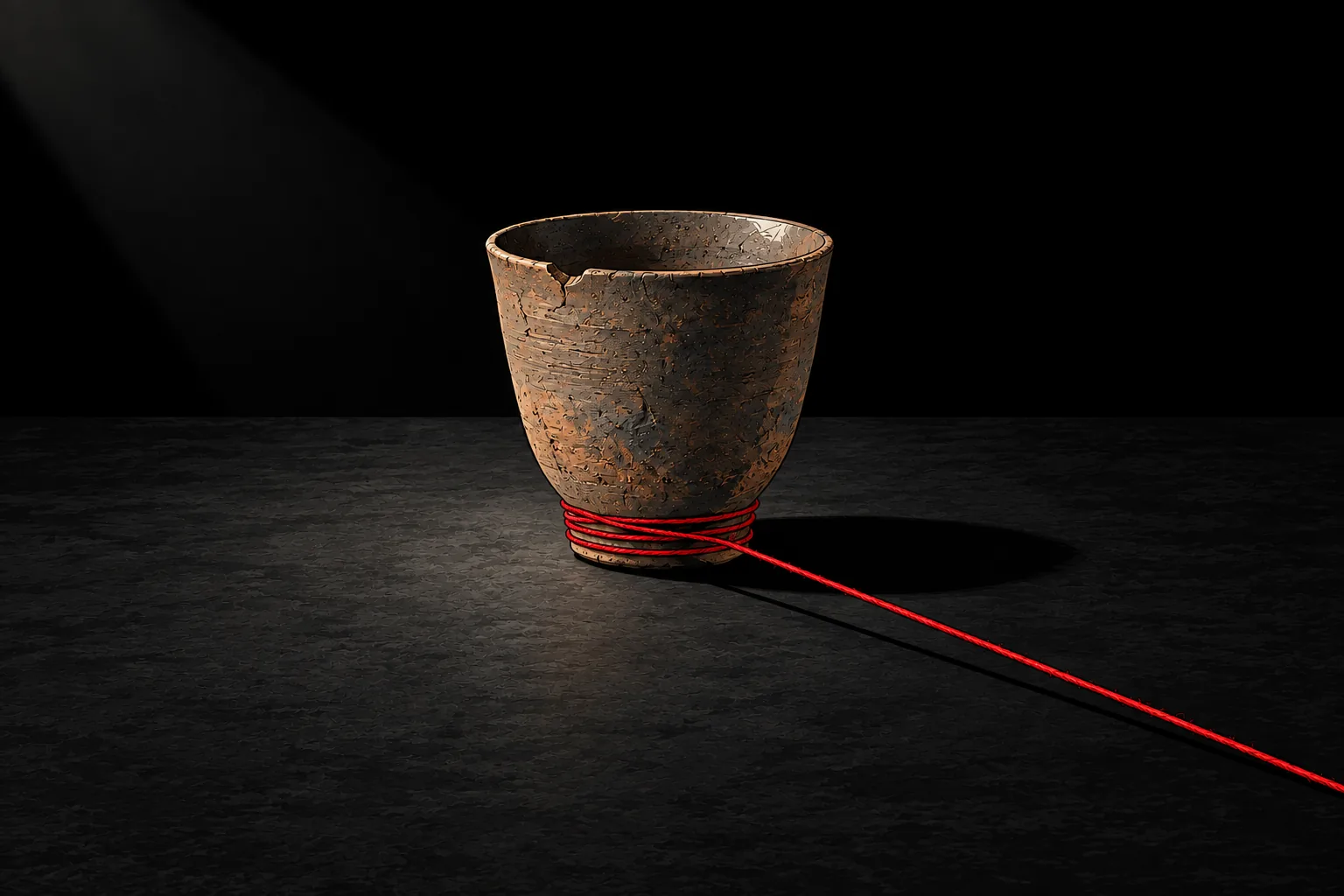 Holy Grail Bloodline: a cracked clay cup in a spotlight, a red thread trailing off into the dark.