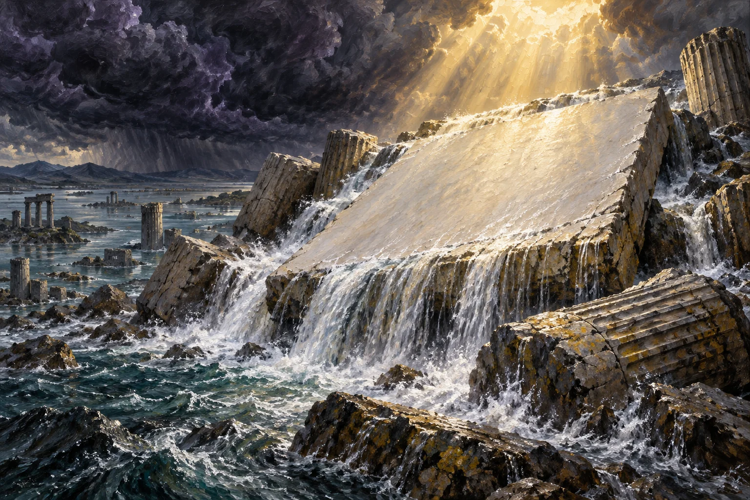 The Manichaean Book of Giants dream of a tablet in the Flood: water pours over a blank stone slab under a storm.