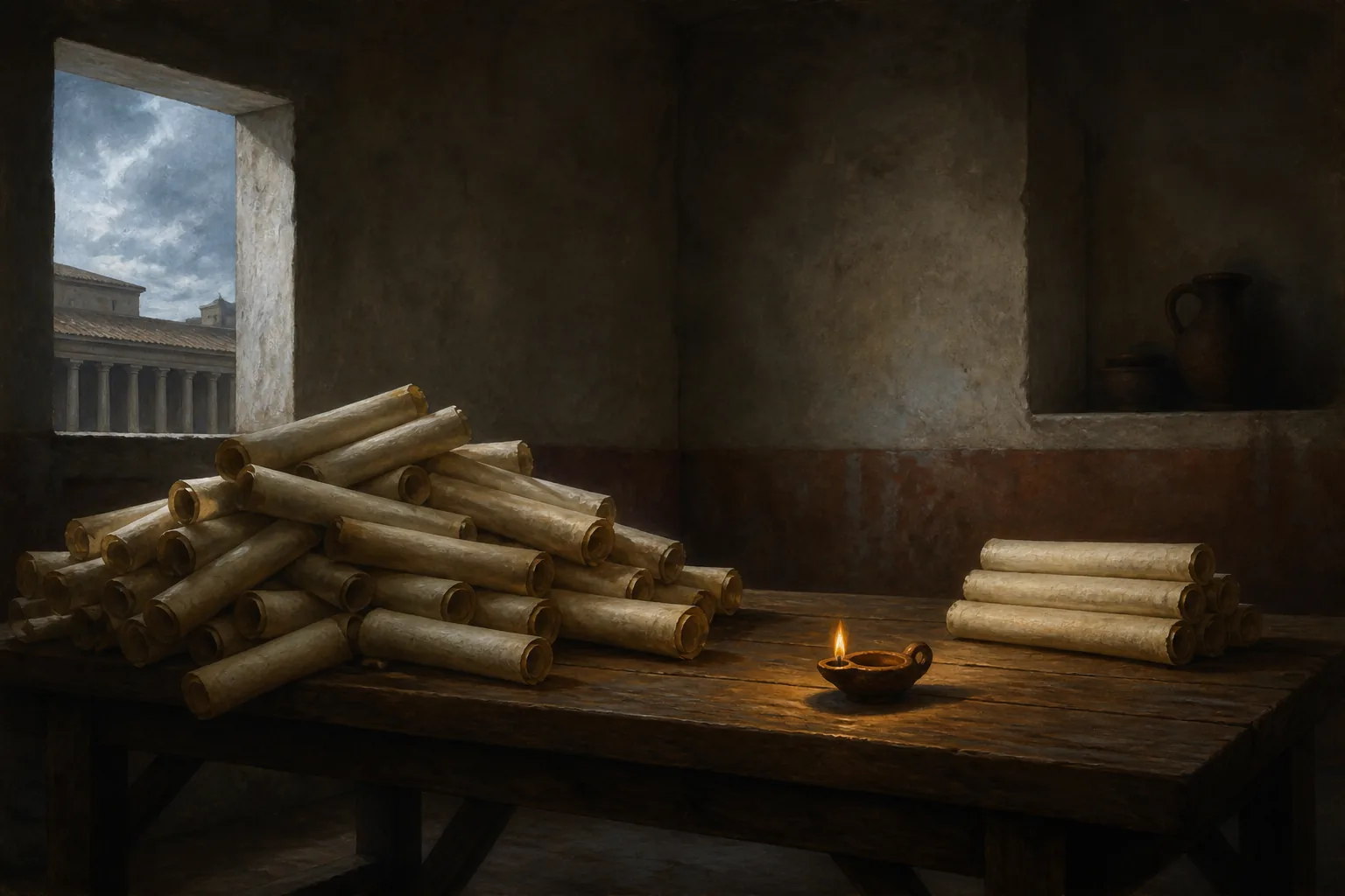 Scrolls sorted into two piles on a table, the sorting Marcion performed.