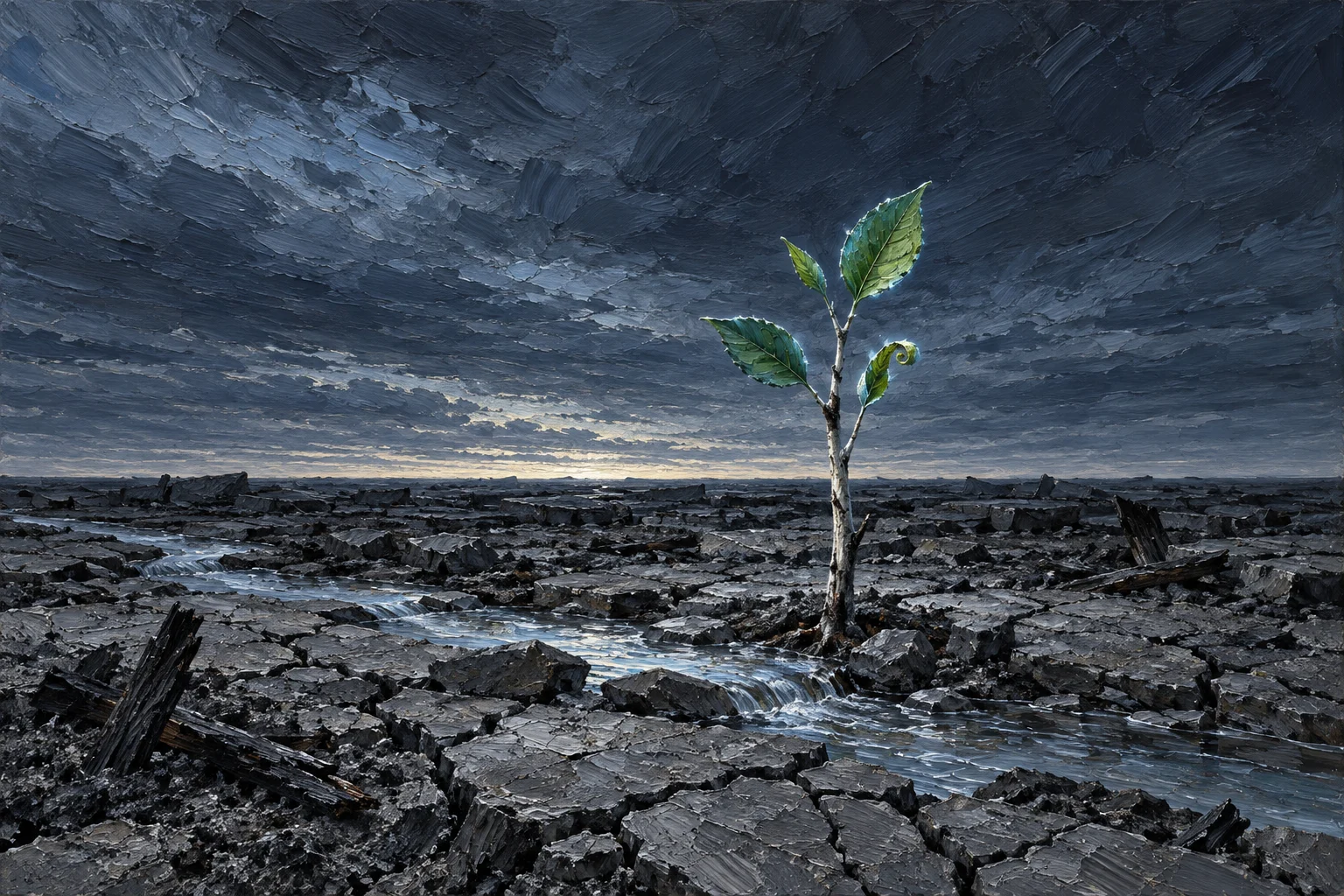 New beginnings after ruin: a young tree with fresh leaves growing out of cracked stone and ash beside a thin stream at dawn.