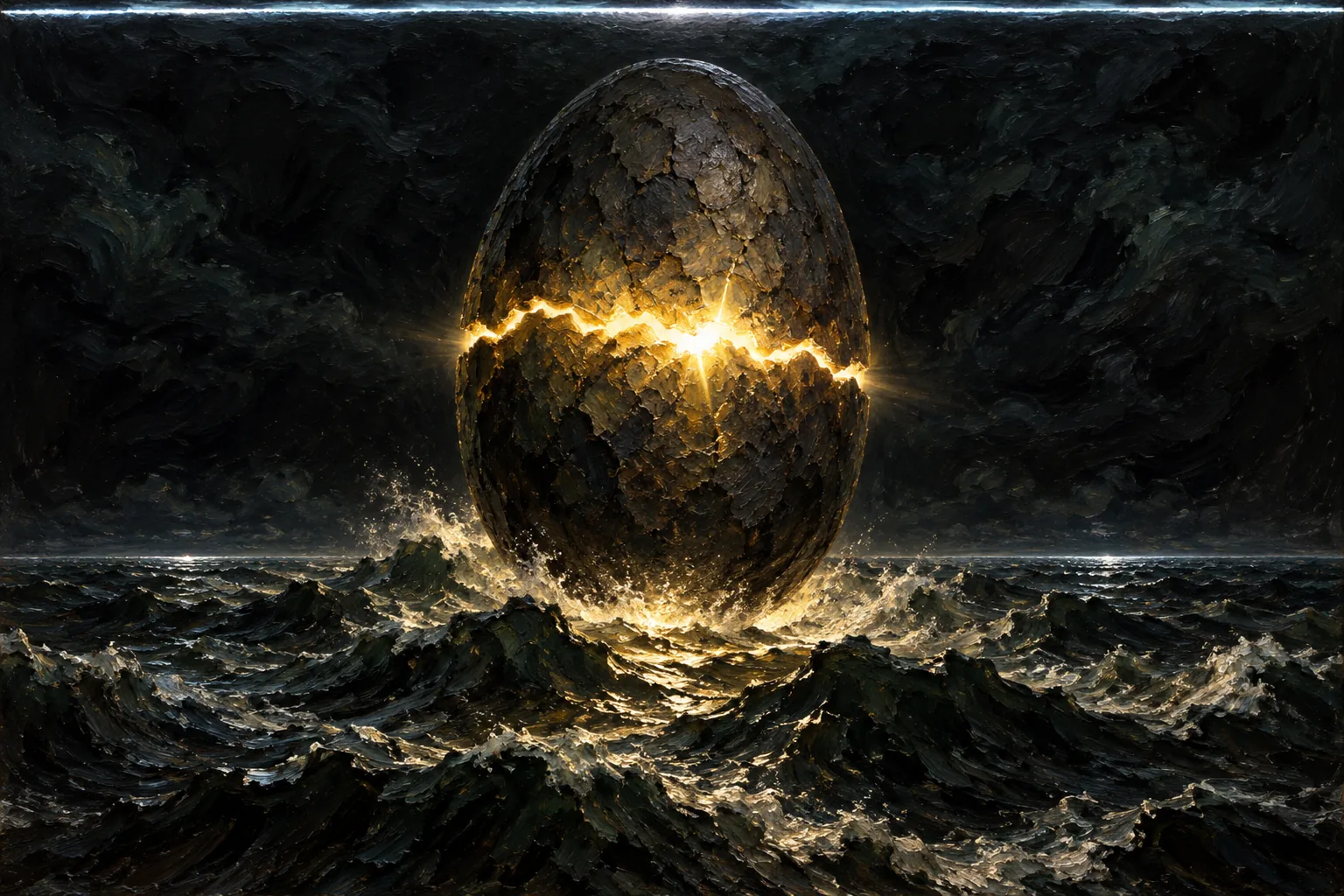 A dark cracked egg over a stormy black sea with gold light pouring out, evoking Origin of the World Gnosticism.