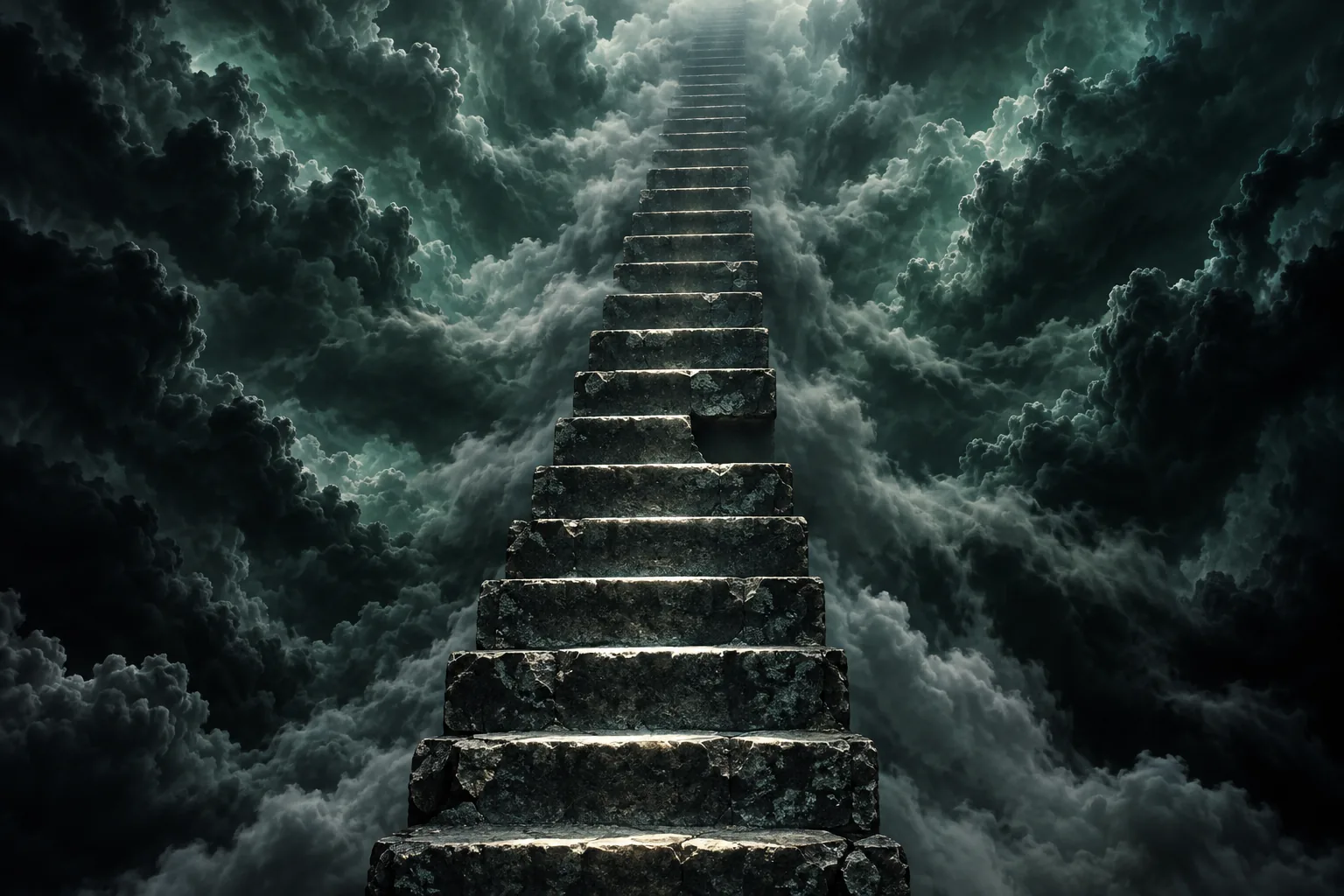 Sethian Gnosticism: a weathered stone stairway climbs through dark green storm clouds toward a faint light above.