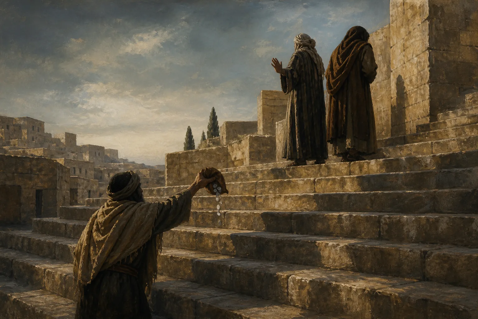 Simon Magus offering a purse of coins on the steps of a Samaritan city.