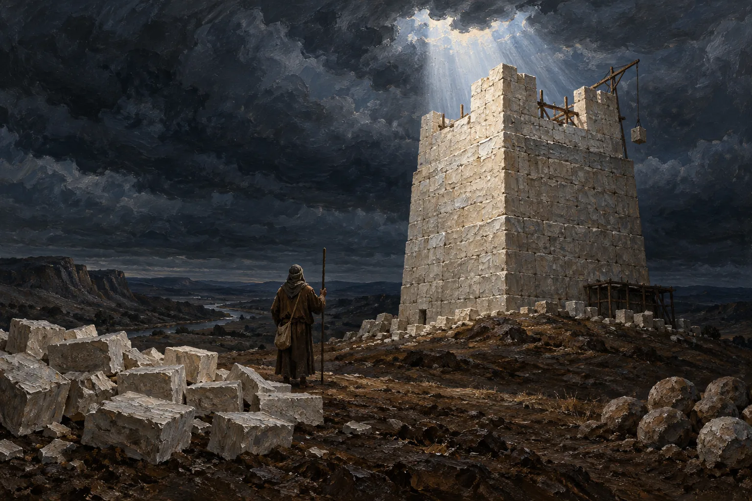 The Angel of Repentance stands with rod and shepherd's cloak beside a half-built tower of pale stone.