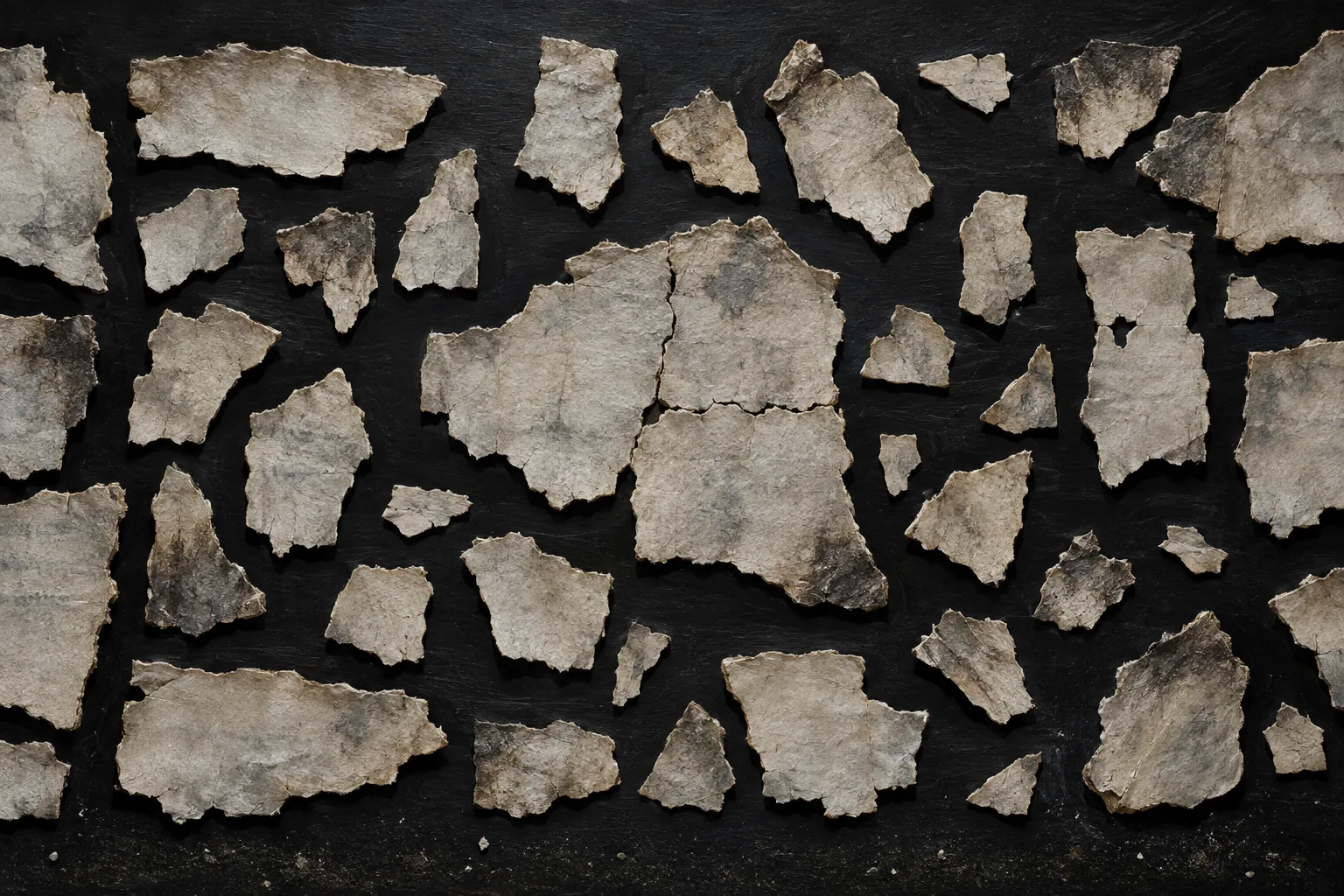 Dead Sea Scrolls: dozens of torn leather fragments laid out on a dark table, a few of them fitted together.
