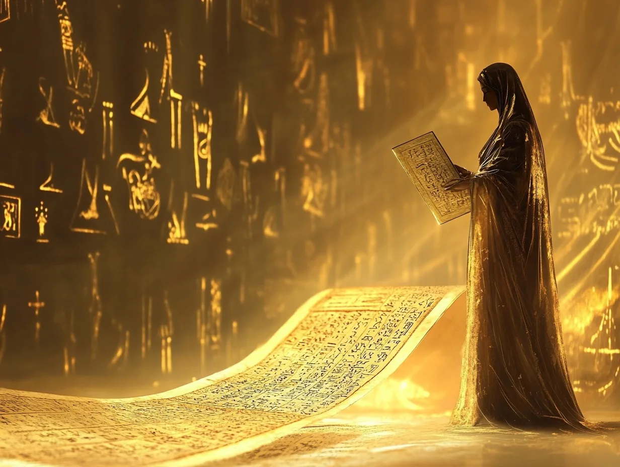 A veiled figure reading from a tablet beside a long unrolled scroll of golden script.