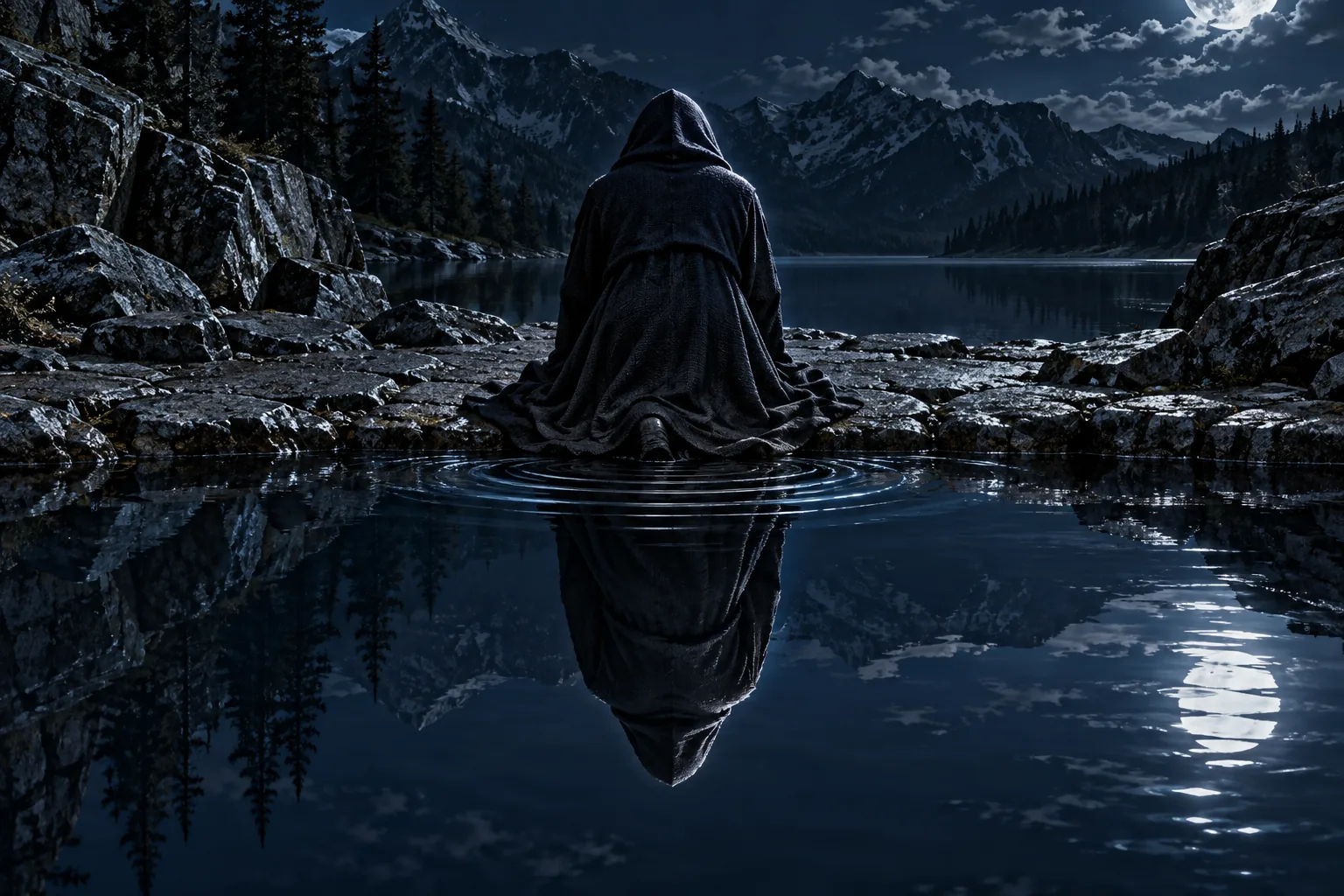 A hooded figure seen from behind kneels at the edge of a still mountain lake at night, ripples spreading from where his hand touches the water, the moon reflected beside him.
