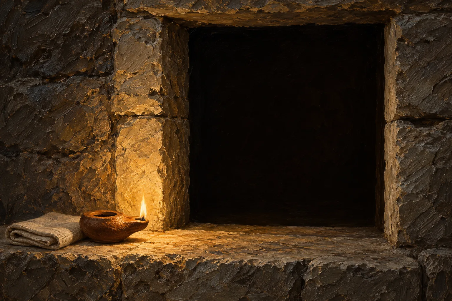 The sacrament of the bridal chamber: an empty stone doorway with a lamp burning beside it.