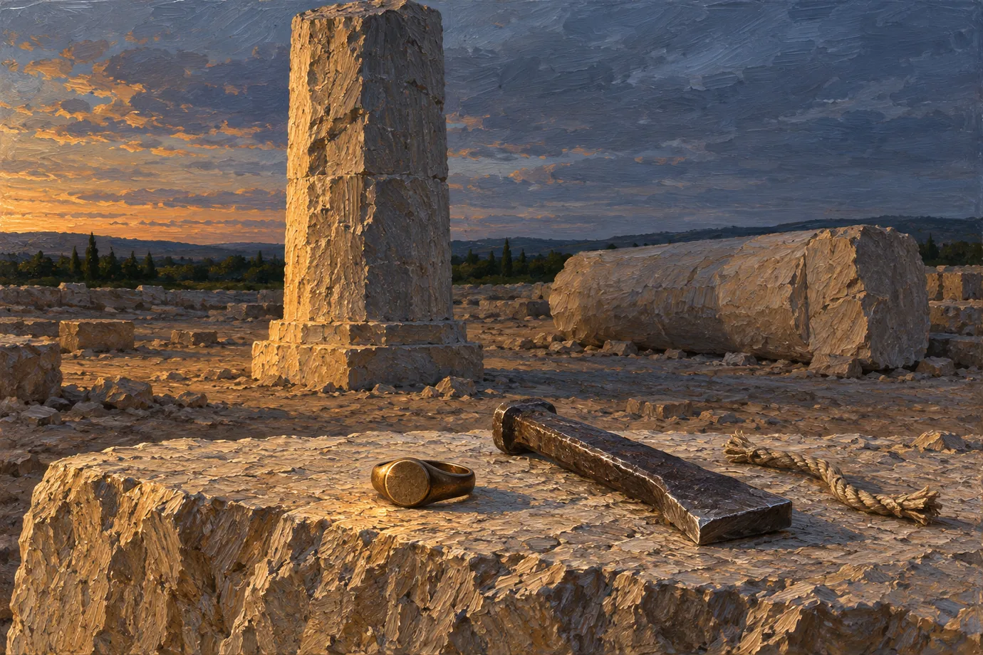 The Testament of Solomon: a bronze signet ring on a stone ledge beside a half-cut temple pillar at dusk.