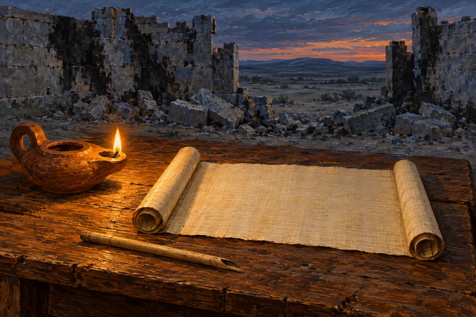 The visions of Baruch: a scribe's desk with a lamp and an open scroll before the burnt walls of a city.