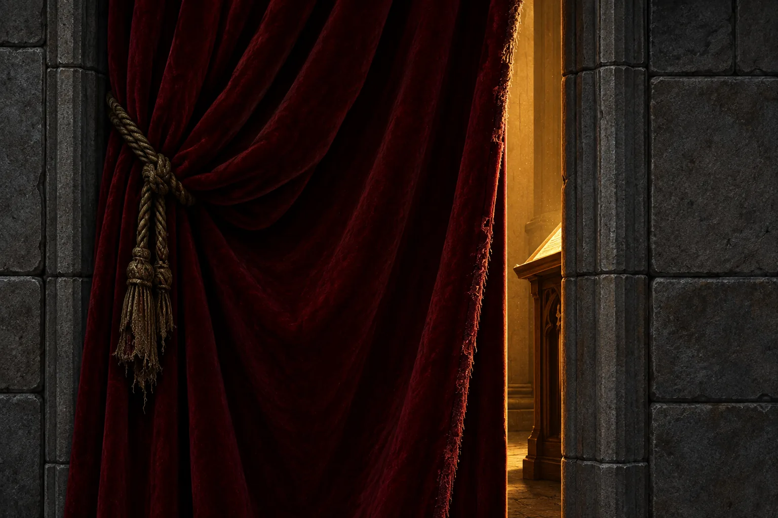 Valentinus: a heavy red curtain drawn aside from an open book on a lectern, lit by a single oil lamp.