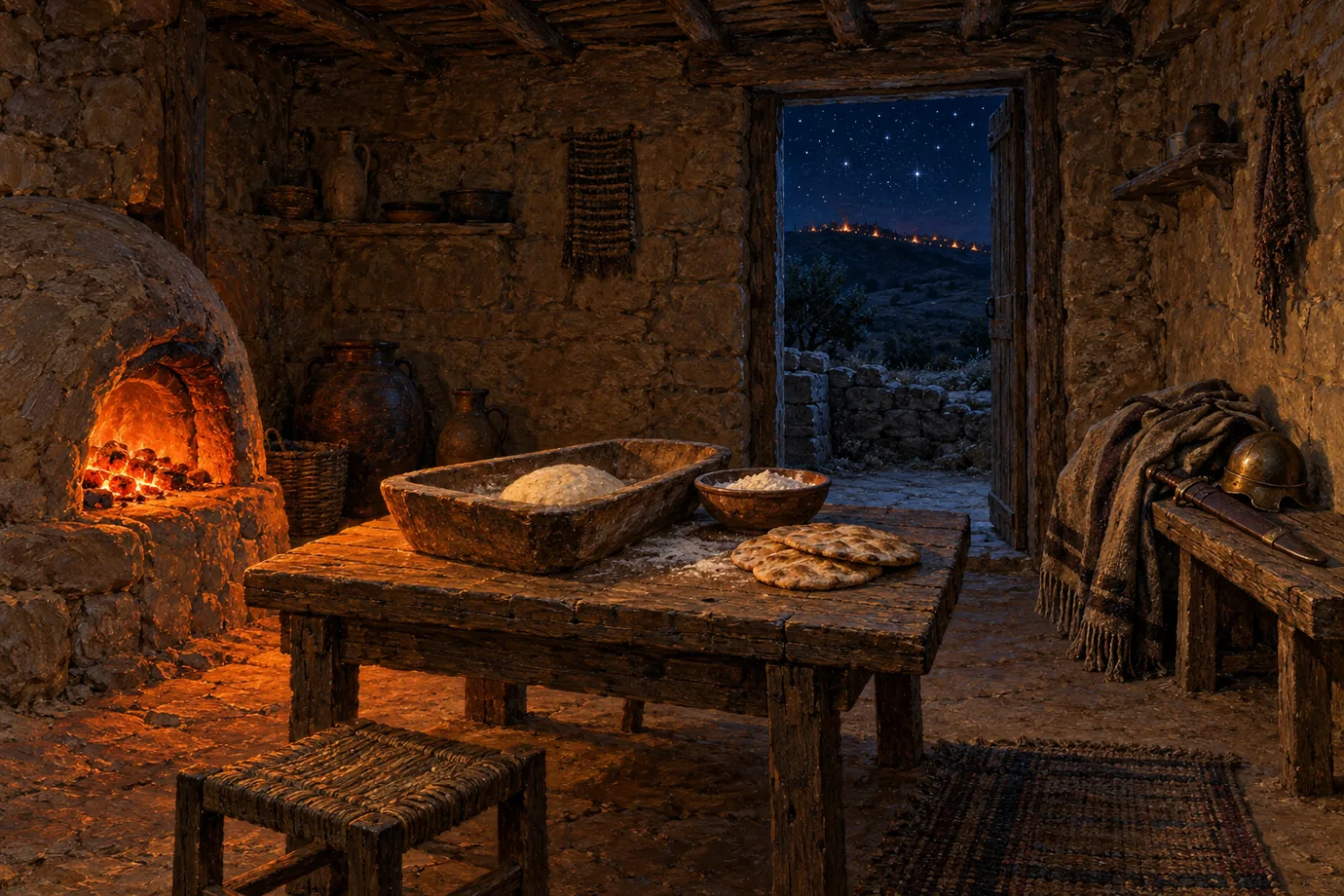 Embers in a clay oven light a table of dough in the house of the Witch of Endor, with Saul's sword and helmet on a bench.