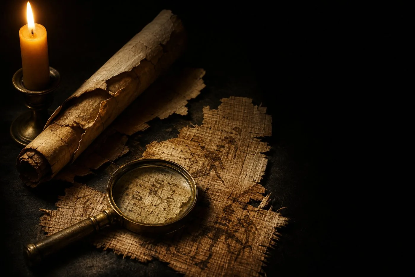 An old rolled scroll and a fragment of papyrus on a dark table, lit by a candle, with a brass magnifying glass over the writing