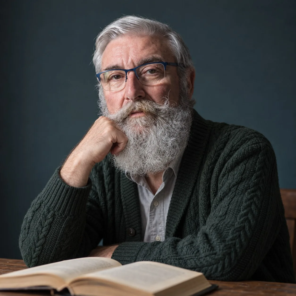 Jeremy Payton, author of The Complete Apocrypha and The Books of Enoch, seated at a desk with an open book, chin resting on his hand.