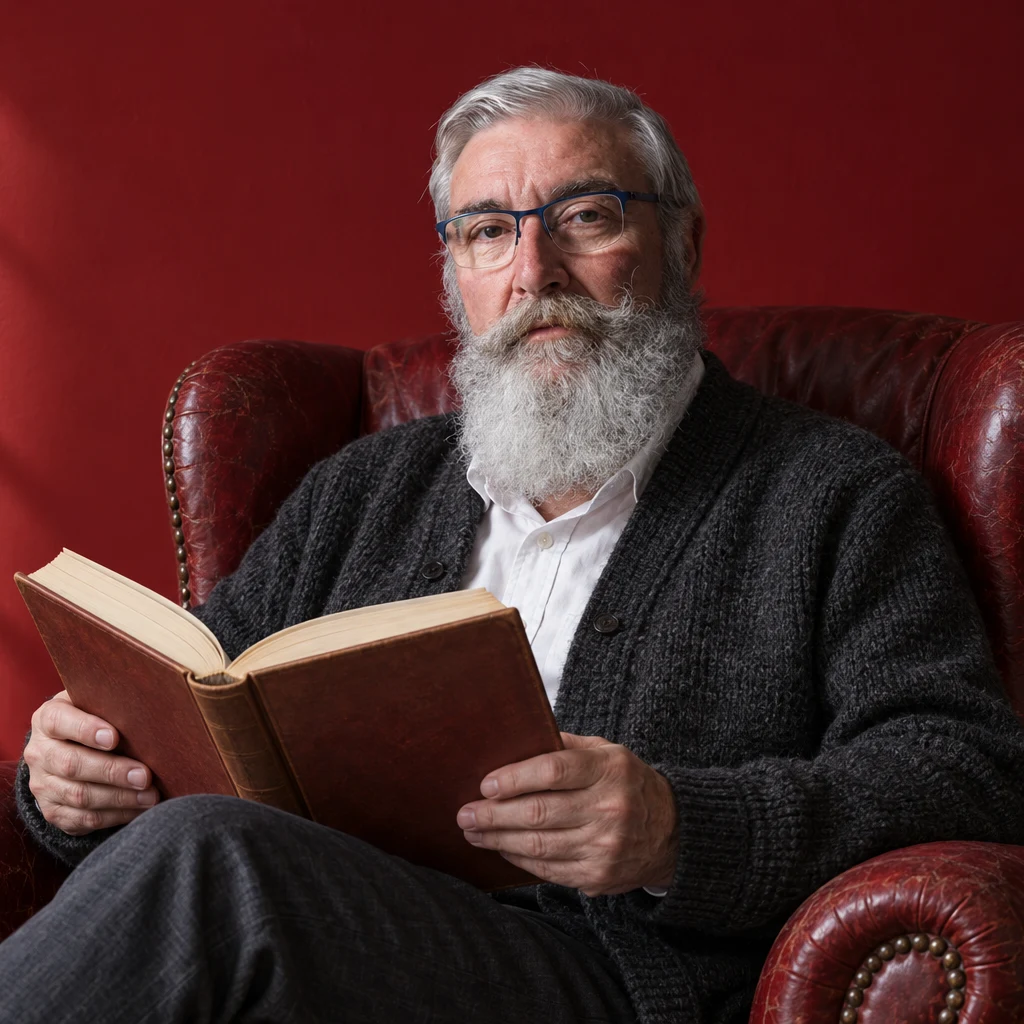 Jeremy Payton, author of The Complete Apocrypha and The Books of Enoch, seated in a red leather armchair with an open book.
